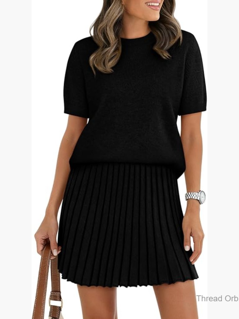 2 Piece Matching Set Short Sleeve Sweater Top Pleated Skirt X-Large